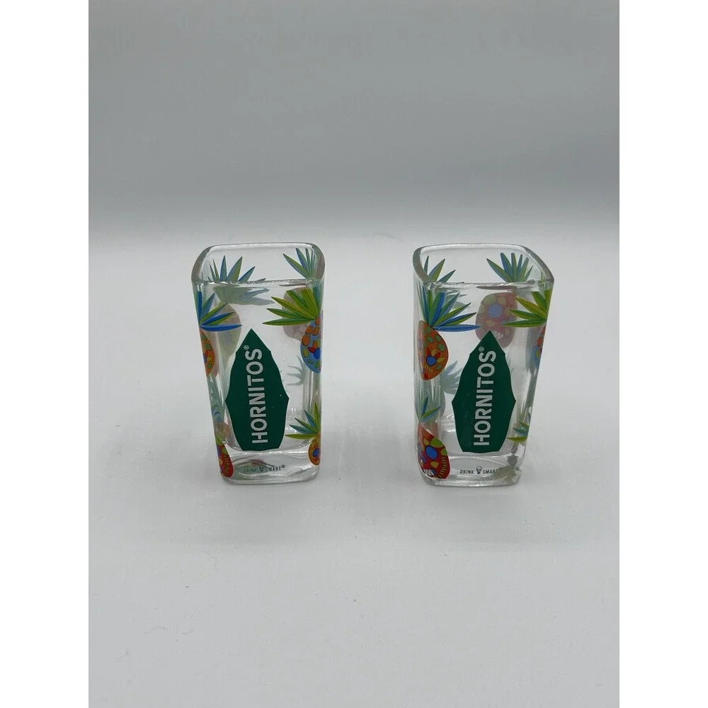 Lot of 2 Hornitos Tequila Shot Glasses Square Pineapple Tiki Skull‎ Pattern 2oz